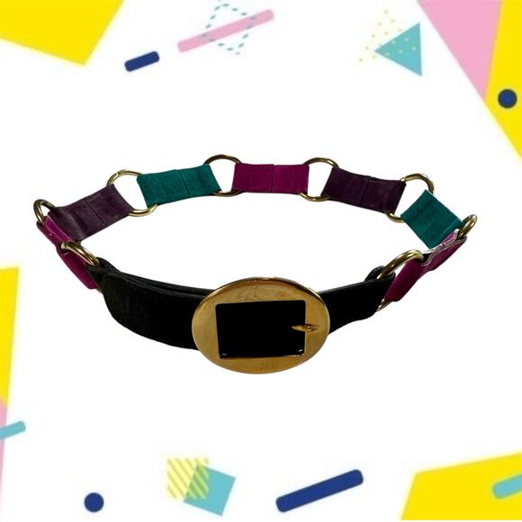 3/$20 VTG Women's Medium 80's Omega Suede Leather & Metal Color Block Glam Belt - Picture 1 of 9
